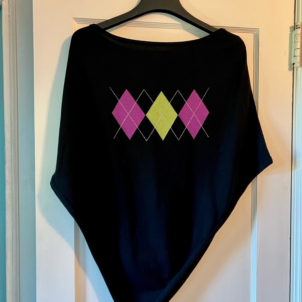 INC International Concepts Black Asymmetrical Argyle knit Poncho/wrap, vintage.